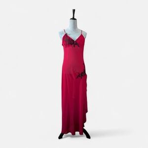 delicates Red Maxi Dress with Black Floral Appliqué